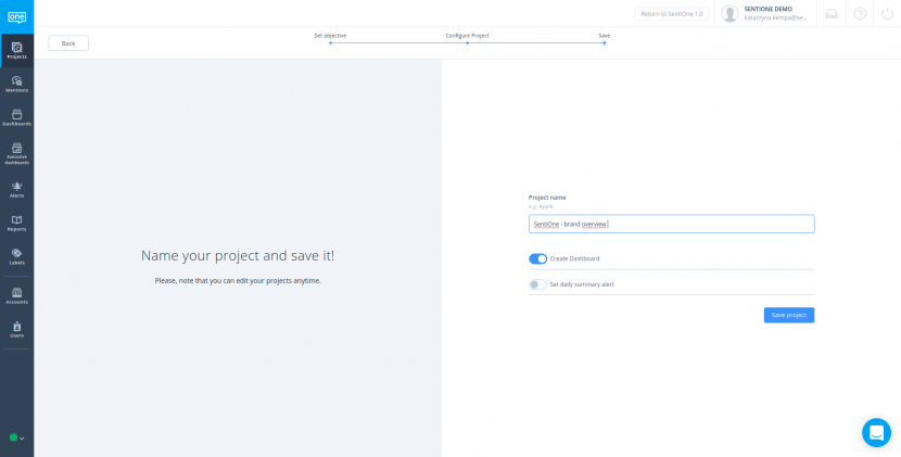 Save brand tracking project in SentiOne app