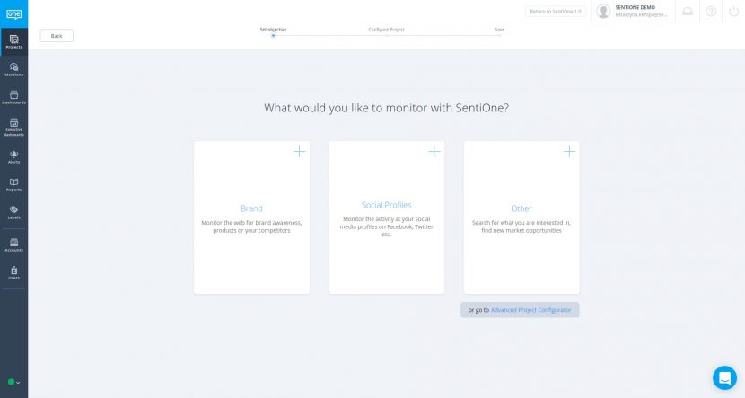 Vytvoření projektu pro sledování značky na internetu v softwaru SentiOne